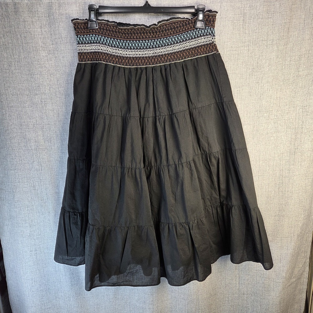 Women Jrs L (11/13) Tiered Skirt NoBo Smocked Gypsy Embroidered Black NoBo Retro